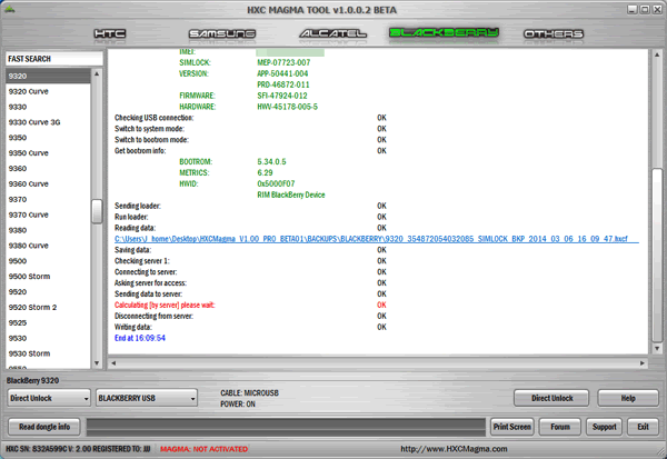 Blackberry 9320 direct unlock and hardlocked phone mep 0 unlocking with HXC Magma